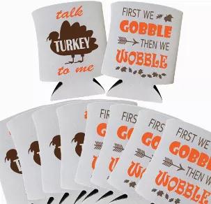 Happy Thanksgiving! These funny Thanksgiving can coolers are a must-have drinking accessory for your Fall party! <br> Choose between a pack of 4 or a pack of 10 festive Thanksgiving coolies: <br> --The 4-pack contains 2 coolies with the "Talk Turkey To Me" design and 2 coolies with the "First We Gobble Then We Wobble" design. <br> --The 10-pack contains 5 coolies with the "Talk Turkey To Me" design and 5 coolies with the "First We Gobble Then We Wobble" design. <br> Show your festive side and pr