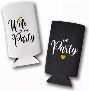 These funny slim can coolers are the perfect alcohol accessory for your bachelorette party! The skinny coolies fit perfectly over your favorite can of spiked seltzer, and they make a great gift for your wedding party! <br> The design is printed on both sides, prominently featuring the words "WIFE OF THE PARTY" for the bride and "THE PARTY" for the rest of the party. <br> -- BACHELORETTE PARTY SLIM CAN COOLERS - These bridesmaids gifts are exactly what you've been looking for to keep the seltzers