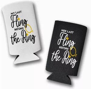 These funny slim can coolers are the perfect alcohol accessory for your bachelorette party! The skinny coolies fit perfectly over your favorite can of spiked seltzer, and they make a great gift for your wedding party! <br> The design is printed on both sides, prominently featuring the words "My Last Fling Before the Ring" for the bride and "Her Last Fling Before the Ring" for the rest of the party. <br> -- BACHELORETTE PARTY SLIM CAN COOLERS - These bridesmaids gifts are exactly what you've been