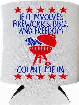 If it involves fireworks, BBQ, and freedom, count me in! These can coolers are perfect for summer barbeques and 4th of July parties! <br> -- RED WHITE & BLUE CAN COOLERS - These festive can coolers are exactly what you've been looking for to keep the beers cold in style during your summer party! <br> -- PERFECT FOR YOUR SUMMERTIME BARBEQUE - These coolies will get the party started off right! <br> -- HIGH QUALITY CAN COOLER - This can cooler is heat pressed using premium polyurethane foam for lo