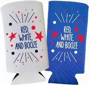 Red White and Booze! These funny slim can coolers are perfect for summer barbeques and 4th of July parties! The skinny coolies fit perfectly over your favorite can of spiked seltzer. <br> -- RED WHITE & BOOZE SLIM CAN COOLERS - These festive skinny can coolers are exactly what you've been looking for to keep the seltzers cold during your summer party! <br> -- PERFECT FOR YOUR SUMMERTIME BARBEQUE - These spiked seltzer coolies will get the party started off right! <br> -- HIGH QUALITY CAN COOLER 