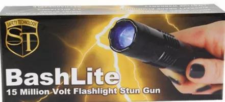 The Safety Technology BashLite 85,000,000 volt Stun Gun Flashlight has a sleek durable design. It is made from high quality aircraft grade aluminum. The BashLite will strike with 4.7 milliamps of stun power. The knockout punch of the stun gun will take an attacker down very quickly leaving them in pain and on the ground. The super bright 120 lumen light can be used tactically and shined in the eyes of an attacker to temporarily blind them. It comes with a wrist strap lanyard and has an on/off sa