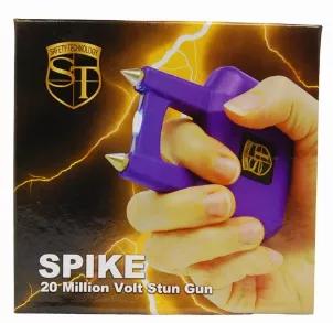 Safety Technology Spike Stun Gun 65 Million Volt. Devastating Protection in the palm of your hand! Designed to surprise your attacker with brutal force. Two sharp spikes double as electrodes for 65 million volts of stopping power! The SPIKE stun gun comes with a rubberized coating, providing a comfortable non-slip grip. Resting discreetly in your hand, the triggering button activated by your palm. The Spike discharges loudly, easily able to dissuade a confrontation before it starts! 4.7 milliamp