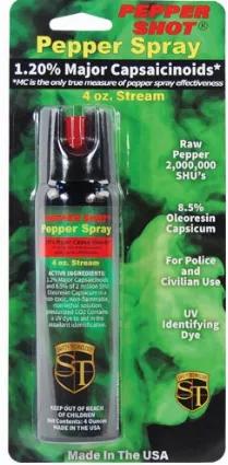 Pepper Shot 1.2% MC 4 oz pepper spray stream. Pepper Shot Pepper Spray is made with 1.2% Major Capsaicinoids. The Major Capsaicinoids are the true heat measure and Pepper Shot 1.2% MC is more effective than of most other pepper sprays. In addition to causing an attacker pain, The Pepper Shot 8.5% oleoresin capsicum formula swells the mucous membranes, which makes breathing difficult, and swells the veins in the eyes, causing the eyes to close. It's made from 2,000,000 SHU's of raw pepper and the