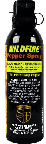 WildFire 1lb 1.4% MC pepper spray pistol grip fogger. The WILDFIRE(R) PEPPER SPRAY is hot, hot, hot. The Major Capsaicinoids are the true heat measure, WildFire has the hottest on the market at 1.4% Major Capsaicinoids. In addition to causing an attacker pain, The WildFire 10% oleoresin capsicum formula swells the mucous membranes, which makes breathing difficult, and swells the veins in the eyes, causing the eyes to close. It's made from 2,000,000 SHU's of raw pepper and these effects can last 