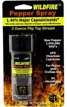 Wildfire 2 oz 1.4% MC flip top actuator pepper spray stream. The WILDFIRE(R) PEPPER SPRAY is hot, hot, hot. The Major Capsaicinoids are the true heat measure, WildFire has the hottest on the market at 1.4% Major Capsaicinoids. In addition to causing an attacker pain, The WildFire 10% oleoresin capsicum formula swells the mucous membranes, which makes breathing difficult, and swells the veins in the eyes, causing the eyes to close. It's made from 2,000,000 SHU's of raw pepper and these effects ca