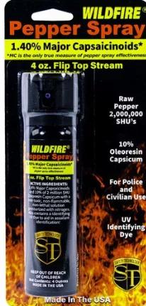 Wildfire 4 oz 1.4% MC flip top actuator pepper spray stream. The WILDFIRE(R) PEPPER SPRAY is hot, hot, hot. The Major Capsaicinoids are the true heat measure, WildFire has the hottest on the market at 1.4% Major Capsaicinoids. In addition to causing an attacker pain, The WildFire 10% oleoresin capsicum formula swells the mucous membranes, which makes breathing difficult, and swells the veins in the eyes, causing the eyes to close. It's made from 2,000,000 SHU's of raw pepper and these effects ca