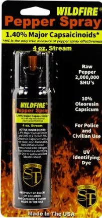 WildFire 4oz 1.4% MC pepper spray stream is a favorite with security guards and gives great protection at home. The WILDFIRE(R) PEPPER SPRAY is hot, hot, hot. The Major Capsaicinoids are the true heat measure, WildFire has the hottest on the market at 1.4% Major Capsaicinoids. In addition to causing an attacker pain, The WildFire 10% oleoresin capsicum formula swells the mucous membranes, which makes breathing difficult, and swells the veins in the eyes, causing the eyes to close. It's made from
