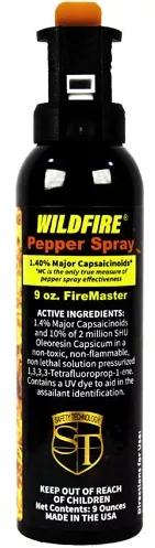 WildFire 9oz 1.4% MC pepper spray fire master is a fogger spray. The WILDFIRE(R) PEPPER SPRAY is hot, hot, hot. The Major Capsaicinoids are the true heat measure, WildFire has the hottest on the market at 1.4% Major Capsaicinoids. In addition to causing an attacker pain, The WildFire 10% oleoresin capsicum formula swells the mucous membranes, which makes breathing difficult, and swells the veins in the eyes, causing the eyes to close. It's made from 2,000,000 SHU's of raw pepper and these effect