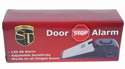 Use the SUPER DOOR STOP ALARM as an entry alarm and to block a door from being opened. If anyone tries to open the door, this 120dB alarm will sound. Alarm stops when pressure is released from door stop plate. There is also a movement sensor with adjustable sensitivity that will activate the alarm if it's tampered with. On/off switch is on the back of the alarm and includes a low battery indicator light. Uses one 9-volt battery (not included).