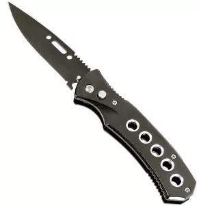 Automatic Heavy Duty Knife with 5 hole handle and safety lock. Black Color o Automatic Knife with Safety Lock o 8" Overall Length o 3 1/2" Blade o Stainless Steel Handle