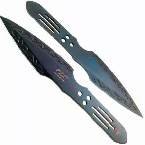 2 Piece Throwing Knife Blue Color. 9" Length, 2 Piece Set, made from 440 stainless steel, great beginner to intermediate throwing knife. Includes sheath pouch for knives.