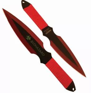 2 Piece Throwing Knife Red Color BioHazard. 9" Length, 2 Piece Set, made from 440 stainless steel, great beginner to intermediate throwing knife. Includes sheath pouch for knives.