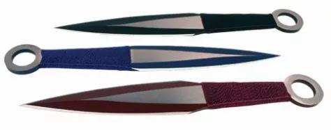 3 Piece Throwing Knife Assorted, black, blue, red Color . 6.5" Length, 3 Piece Set, made from 440 stainless steel, great beginner to intermediate throwing knife. Includes sheath pouch for knives.