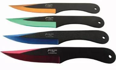4 Piece Throwing Knife Assorted, blue, red, gold, green Color . 6.5" Length, 4 Piece Set, made from 440 stainless steel, great beginner to intermediate throwing knife. Includes sheath pouch for knives.