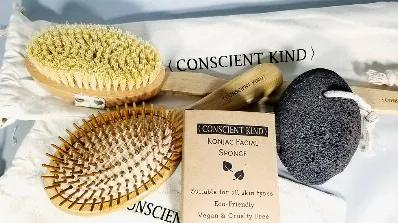<p>Exfoliate your skin from head to toe with this wonderful vegan and eco-friendly set.</p>
<br>
This skin exfoliating set comes with:
<ul>
<li>1 Bamboo Hair Brush</li>
<li>1 Natural Vegan Body Brush With Removable Handle</li>
<li>1 Konjac Sponge With Activated Charcoal</li>
<li>1 Black Volcanic Lava Rock</li>
 </ul>
<br>
<p>The bamboo hair brush help spread natural oils throughout your scalp leaving it shiny and strong. The bamboo bristles don't have the small epoxy tips which makes it a lot ea