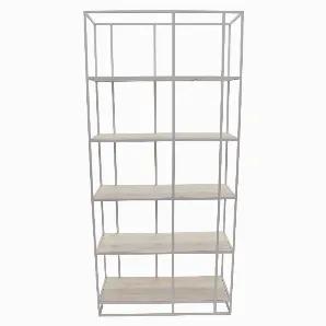 Organize your books and space with this Plutus Brands 5 Tier Bookshelf White Metal Frame, Wood Shelves<br> Item Dimensions: 35.5 inch L x 13 inch W x 76 inch H - Weight: 0 lbs<br> Material: Metal - Color: White<br> Country of Origin: CHINA