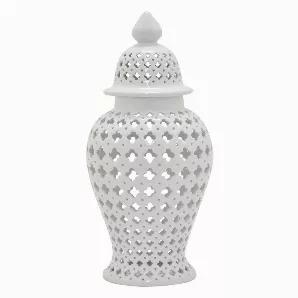 Add a touch of elegance with this Plutus Brands Ceramic Jar- White in White Porcelain<br> Item Dimensions: 16.00 inch L x 16.00 inch W x 34.00 inch H - Weight: 32.85 lbs<br> Material: Porcelain - Color: White<br> Country of Origin: CHINA