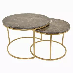 Add a touch of practicality and design with this Plutus Brands metal Marble Top table in Gold metal Set of 2<br> Item Dimensions: 23.75 inch L x 23.75 inch W x 16.25 inch H - Weight: 61 lbs<br> Material: Metal - Color: Gold<br> Country of Origin: CHINA