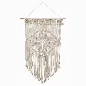 Add a touch of elegance with this Plutus Brands Macrame Wall D?cor in White Natural Fiber<br> Item Dimensions: 34 inch L x 0.5 inch W x 49 inch H - Weight: 2.78 lbs<br> Material: Natural Fiber - Color: White<br> Country of Origin: CHINA