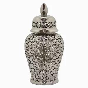 Add a touch of elegance with this Plutus Brands Ceramic Pierced Temple Jar in Silver Porcelain<br> Item Dimensions: 17 inch L x 17 inch W x 34 inch H - Weight: 33.06 lbs<br> Material: Porcelain - Color: Silver<br> Country of Origin: CHINA