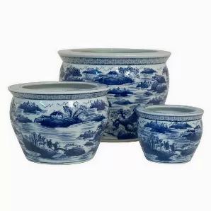 Complete your space design with this Plutus Brands Planters Set Of Three in Blue Porcelain<br> Item Dimensions: 16 inch L x 16 inch W x 16 inch H - Weight: 39.6 lbs<br> Material: Porcelain - Color: Blue<br> Country of Origin: CHINA