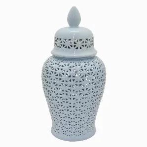 Add a touch of elegance with this Plutus Brands Pierced Jar in Blue Porcelain<br> Item Dimensions: 17.00 inch L x 17.00 inch W x 34.00 inch H - Weight: 33.06 lbs<br> Material: Porcelain - Color: Blue<br> Country of Origin: CHINA