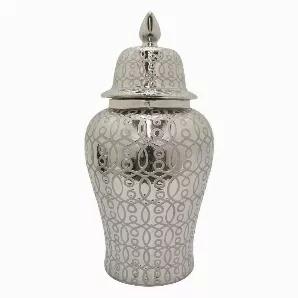 Complete your room design with this Plutus Brands Ceramic Temple Jar - Silver in Silver Porcelain<br> Item Dimensions: 16 inch L x 16 inch W x 33 inch H - Weight: 40.7 lbs<br> Material: Porcelain - Color: Silver<br> Country of Origin: CHINA