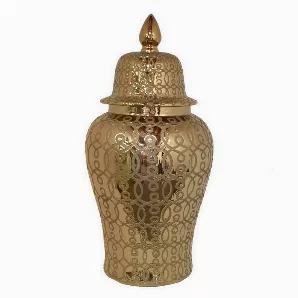 Complete your room design with this Plutus Brands Temple Jar in Gold Porcelain<br> Item Dimensions: 16 inch L x 16 inch W x 33 inch H - Weight: 40.7 lbs<br> Material: Porcelain - Color: Gold<br> Country of Origin: CHINA