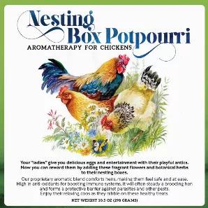 Our proprietary aromatic blend comforts hens, making them feel safe and at ease. High in anti-oxidants for boosting immune systems, it will often steady a brooding hen and forms a protective barrier against parasites and other pests. Your chickens will coo when they smell these healthy delights.