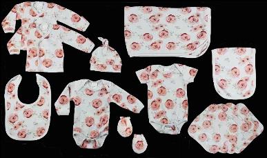<p>Rose Print 13 Piece Set m<br>ade from 100% Cotton Interlock<br></p><br><p> <br></p><br><p>Includes:<br></p><br><p>2 Newborn Side Snap Shirts</p><br><p>Small Side Snap Shirt </p><br><p>Newborn Short Sleeve Sleeve Onezie</p><br><p>Newborn Long Sleeve Onezie</p><br><p>Knotted Cap</p><br><p>Bib</p><br><p>Burp Cloth</p><br><p>4 Wash Clothes</p><br><p>Pair of Mittens</p><br>