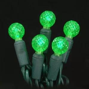 G12 Green LED light String with green wire, for indoor and outdoor use. Round-shaped bulb measures 1/2" in diameter. Energy Star rated, ROHS compliant. Light String has 70 lights and measures 24 feet with 4 inch spacing. 