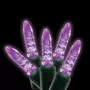 M5 Mini Purple light String with green wire, for indoor and outdoor use. Mini bulb meaures 3/4" long and has a 1/4" diameter. Energy Star rated, ROHS compliant. Light String has 70 lights and measures 24 feet with 4 inch spacing. 