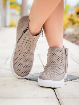 This fun taupe color sneaker bootie feature two zipper closures, vulcanized white sole, and lightly padded insole to make you feel like you are walking on little pillows. The Fast is an easy slip on sneaker with a boot feel, rounded toe, and the gorgeous taupe color matches everything. Medium width. True to size.