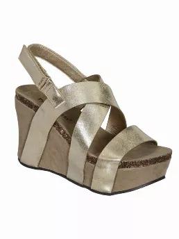Gold wedges feature an easy close velcro ankle strap that has a 3.5" heel and a 1.5" platform.  Lightly padded insole, and comfortable cork footbed. True to size.