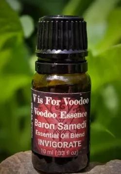 Invigorate- Rosemary, Black Pepper, Parsley, Carrot Seed, Cedar-Wood, Galbanum, Vetivert. Baron Samedi Essence is an homage to the Voodoo god of death. The Baron is completely earthy, wild, masculine, and unruly, so is this invigorating essential oil blend.

This essential oil blend promotes vitality, protection, and justice. This scent is evocative of dark and mysterious places. . . . followed by a hint of life and renewal. This invigorating Essence taps into something a little smoky, a little 