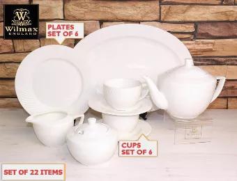 Set of dinner plates 22 items, consist of : 6 dinner plates 10" - (wl-880101/a) 1 oval platters 14" x 10" - (wl-880103/1c) 6 teacups 8 oz - (wl-880105/6c) 6 saucers - (wl-880105/6c) 1 sugar bowl &amp; creamer 11 oz - (wl-880112/2c) 1 teapot 30 oz - (wl-880110/1c) Snow-white plates by wilmax turn an everyday lunch or dinner into a festive one. Dazzling porcelain tableware looks very elegant on any table. It is durable and heat-resistant, microwave and dishwasher safe and is easy to clean. All wil
