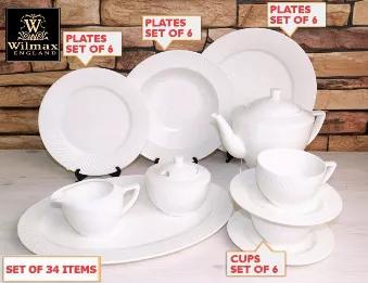 Set of dinner plates 34 items, consist of : 6 dessert plates 8" - (wl-880100/a) 6 deep plates 9" - (wl-880102/a) 6 dinner plates 10" - (wl-880101/a) 1 oval platters 14" x 10" - (wl-880103/a) 6 teacups 8 oz - (wl-880105/6c) 6 saucers - (wl-880105/6c) 1 sugar bowl &amp; creamer 11 oz - (wl-880112/2c) 1 teapot 30 oz - (wl-880110/1c) Snow-white plates by wilmax turn an everyday lunch or dinner into a festive one. Dazzling porcelain tableware looks very elegant on any table. It is durable and heat-re
