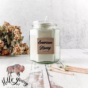A mix of vanilla, milk, white honey, strawberry and citrus. It is accented with notes of lavender, benzoin, and clary sage to give the sweet notes an earthy depth. Made with 100% soy wax and a cotton wick. Comes in clear hexagon glass jar with screw cap.