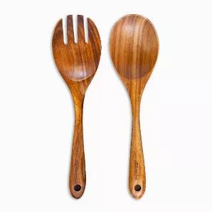 The wood servers are handcrafted from sustainably sourced Acacia Wood<br> Each piece has a unique natural design and is perfectly sized for serving any kind of food<br> They are ergonomically designed with wide handles for a comfortable grip<br> These salad servers will not scratch ceramic, glass, enamel, or non-stick surfaces