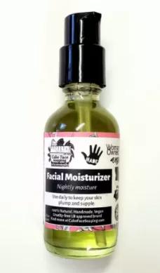 A wonderful, natural moisturizer for your face made with only three ingredients. Simply effective.<br> Facial Moisturizer:: This is comprised of only a couple of oils and essential oils to soothe and help reconstruct damaged skin cells and replenish the moisture in your skin. Works best on normal to dry and dry skin types. <br> This is a 2 oz bottle and will last at least 2 months with nightly use.