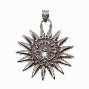 <p>• Amazing Artisan Workmanship with Handcrafted Silver Beadwork on the pendant, as well as on the bail.<br>• Silver beads create a sun within the center pendant, as well as on the outskirts of the pendant.<br>• Limited Custom Piece<br>• Length:  2.165 Inches<br>• Width: 1.75 Inches</p>