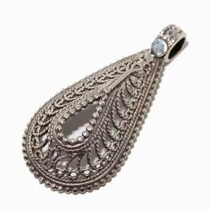 <p>• Artisan Handcrafted Scroll-Work, Filigree Work, and Silver Beadwork on Pendant and Bail.<br>• Limited Custom Piece<br>• Length: 1.772 Inches<br>• Width: 0.906 Inches</p>