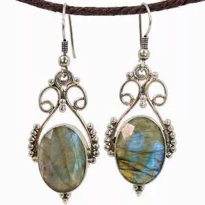 <h4>- Genuine Labradorite, faceted gemstone </h4> <p><strong>-</strong> <strong>Enchanting iridescent play of colors known as</strong><span> </span><b>Labradorescence like the         colors of a peacock feather.</b></p> <p><strong>- Beautiful open work with 6 silver beaded dots on each side of frame and 3 silver beaded dots at the drop to accentuate the style and design. </strong></p> <h4>- Sterling Silver </h4> <h4><strong>-  Full drop is 2.0 inches and the width is .75 inches </strong></h4> <