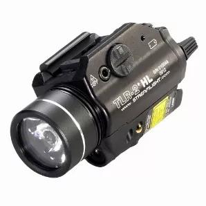 The TLR-2 HL provides a 630 Lumen blast of light for maximum illumnation while searching a room or searching an alley.  Its wide beam pattern lights up large areas so you can identify who or what is nearby.  C4 delivers 12,000 candela peak beam intensity ;630 Lumens.  Runs 1.25 hours.Integrated 640-660 nm red laser for accurate aiming.  Windage and Elevation adjustments screws mounted in Brass bushings for a long life and dependable zero retention.   Ambidextrious momentary/ steady On-Off switch