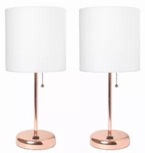This fun and fashionable lamp features a rose gold base and a fabric shade. It comes equipped with a USB seated in the base for use to charge mobile phones, handheld games, tablets, and other small electronics. This lamp will add a fabulous flair to any room. Perfect for bedrooms, kids and teens, college dorms, nurseries, or fun offices!