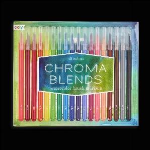 Set of 18 Chroma Blends watercolor brush pens. Just add water and start watercoloring. Brush tips are made with synthetic bristles for an authentic brush feel.