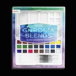 27-piece set includes 24 Chroma Blends travel size watercolors in a built-in palette and 2 water brushes - one round tip and one flat tip water brush so you won't need to bring a water cup with you. The case doubles as a palette for compact traveling and measures 4 by 7 Inches.