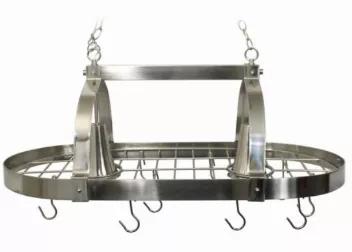 Update your kitchen in style with this industrial look two light pot rack fixture featuring a brushed nickel finish. Make your pots and utensils easily accessible in a stylish way with this traditional design, as well as extra lighting for your every day tasks. Comes with 2 chains (each measures 36"), 2 feet of cord (from top of fixture) and 10 hooks. Fixture requires two 60-Watt Type A standard medium base incandescent bulbs (not included).