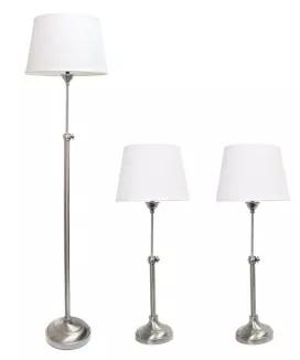 Accessorize your space with this tastefully designed lamp set. It includes 2 table lamps and 1 floor lamp, each with a white fabric shade to make beautifying your home a cinch! Each lamp is enriched with an exquisite Brushed Nickel finish and is adjustable in height. We believe that lighting is like jewelry for your home. Our products will help to enhance your room with elegance and sophistication.